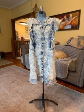 Pilcro Blue and White Acid-Wash Denim Mini Dress